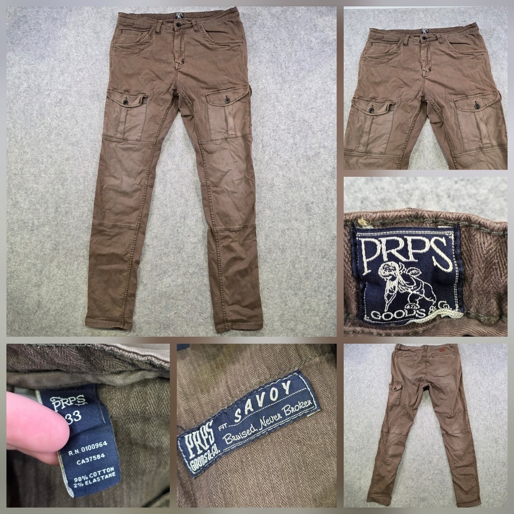 PRPS Savoy Cargo Pants Mens 33x32 Brown Stretch Denim Slim Fit Workwear